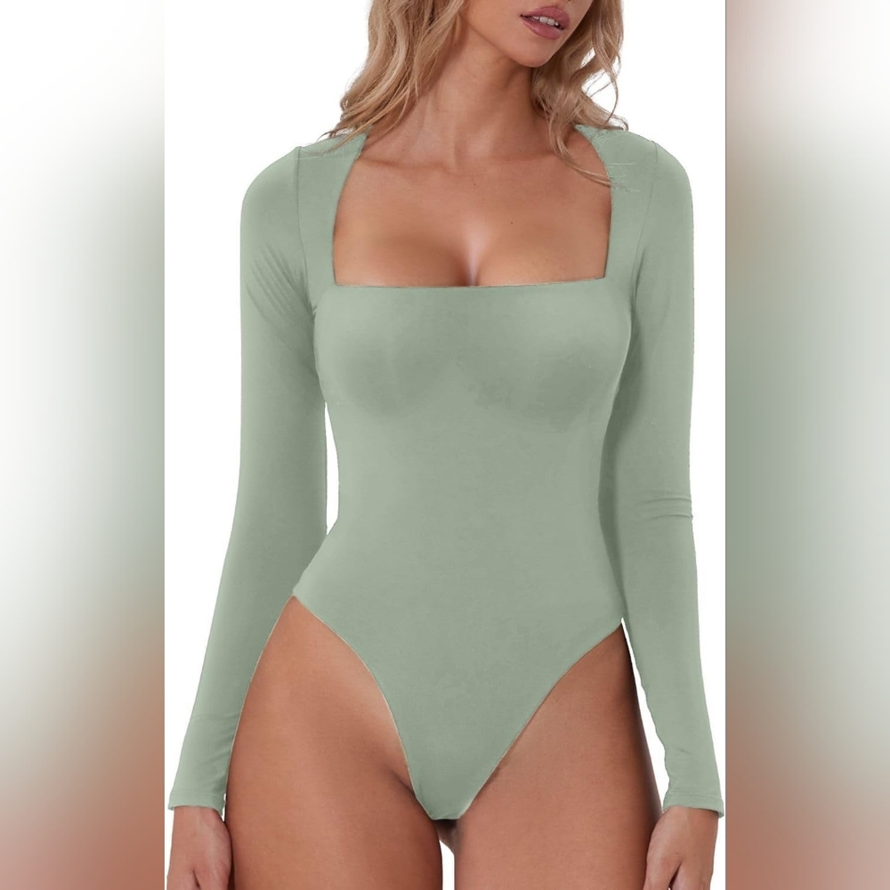 QINSEN NWT Sexy Square Neck Bodysuit Long‎ Sleeve Double Lined Shirt Tops Sz S